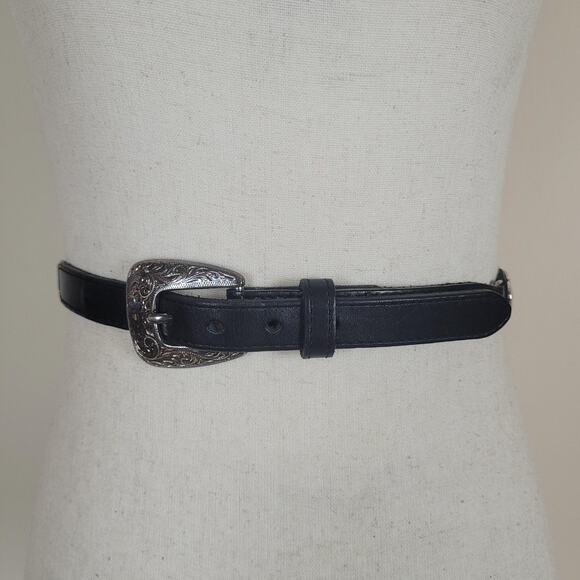Justin Belt Women 36 Black Leather Skinny Western Engraved Buckle Concho Cowgirl